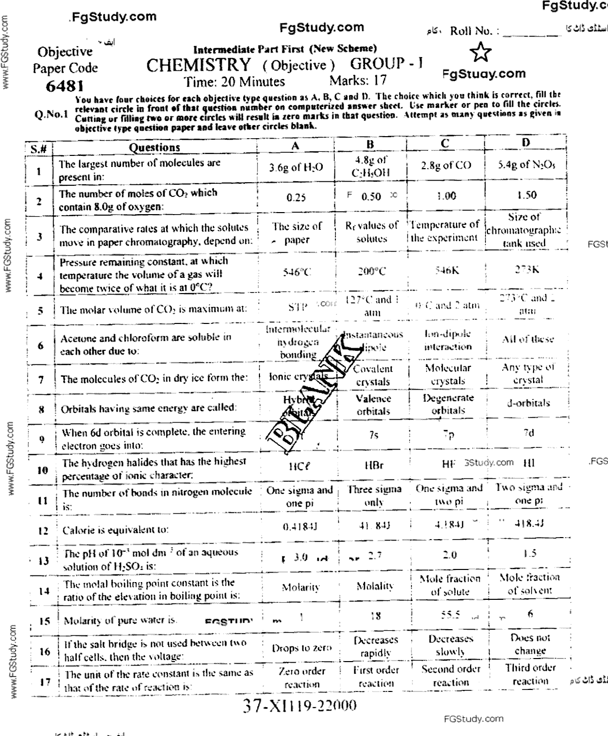 11th Class Chemistry Past Paper 2019 Group 1 Objective Faisalabad Board